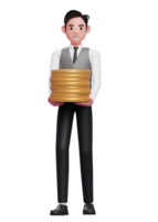 homme d'affaires en gilet gris transportant des piles de pièces d'or, illustration 3d d'un homme d'affaires en gilet gris tenant une pièce d'un dollar png