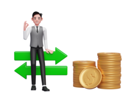 businessman in grey vest sitting on exchange rate ornament with hand gesture ok finger, 3d rendering of business investment concept png