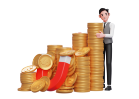 businessman in grey vest standing hugging pile of gold coins caught by magnet, 3d rendering of business investment concept png