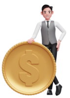 businessman in grey vest standing with legs crossed and Holding Coin, 3d illustration of a businessman in grey vest holding dollar coin