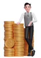 empresário de colete cinza gravata azul em pé com as pernas cruzadas e apoiando-se na pilha de moedas, ilustração 3d de um empresário de colete cinza segurando a moeda de um dólar