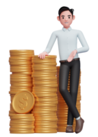 businessman in a blue shirt standing with crossed legs and leaning on pile of coins png