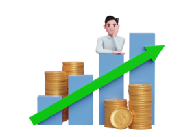 businessman in blue shirt putting her chin in hand while leaning on bar chart Stock growth with up graph statistics arrow png