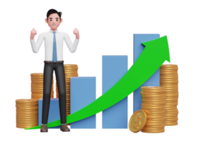 businessman in white shirt blue tie celebrating with clenched fists in front of positive growing bar chart with coin ornament, 3d rendering of business investment concept