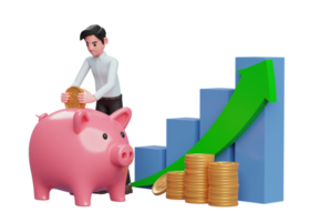 smart boy in blue dress saving gold coins into piggy bank with bar chart and green arrow up png