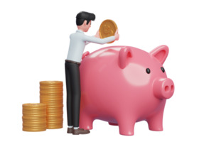 businessman in blue dress carefully keeps gold coins in pink piggy bank png