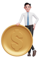 businessman in white shirt blue tie standing with legs crossed and Holding Coin, 3d illustration of a businessman in white shirt holding dollar coin