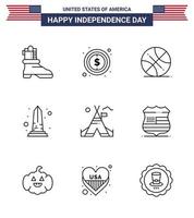Group of 9 Lines Set for Independence day of United States of America such as tent washington ball usa monument Editable USA Day Vector Design Elements