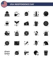 Happy Independence Day Pack of 25 Solid Glyph Signs and Symbols for ball washington fast usa monument Editable USA Day Vector Design Elements