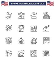 paquete de 16 líneas de celebración del día de la independencia de EE. UU. Signos y símbolos del 4 de julio, como celebrar el edificio emblemático del dinero blanco, elementos editables de diseño vectorial del día de EE. UU. vector