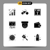 Modern Set of 9 Solid Glyphs Pictograph of security camera camera font color web page Editable Vector Design Elements