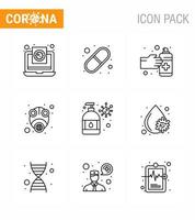 Covid19 icon set for infographic 9 Line pack such as virus mask pills gas spray viral coronavirus 2019nov disease Vector Design Elements