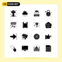 Modern Set of 16 Solid Glyphs Pictograph of hands lock weather interface education Editable Vector Design Elements