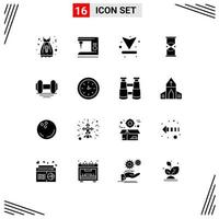 Modern Set of 16 Solid Glyphs Pictograph of dumbbell watch arrow timer hourglass Editable Vector Design Elements