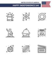 9 USA Line Pack of Independence Day Signs and Symbols of dessert usa donut statue liberty Editable USA Day Vector Design Elements