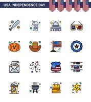 USA Independence Day Flat Filled Line Set of 16 USA Pictograms of festival food madison usa glasses Editable USA Day Vector Design Elements