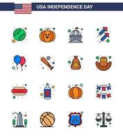 USA Independence Day Flat Filled Line Set of 16 USA Pictograms of celebrate shoot house firework celebration Editable USA Day Vector Design Elements
