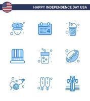 Modern Set of 9 Blues and symbols on USA Independence Day such as juice alcohol cola usa cap Editable USA Day Vector Design Elements