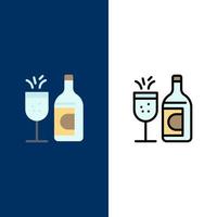 botella de vidrio, bebida de pascua, iconos, plano, y, línea, lleno, icono, conjunto, vector, fondo azul vector