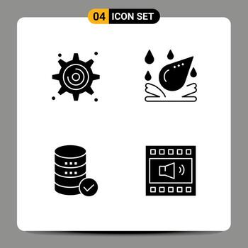 4 glifos sólidos vectoriales temáticos y símbolos editables de gotas de agua web de ruedas dentadas que alojan elementos de diseño vectorial editables de altavoces vector