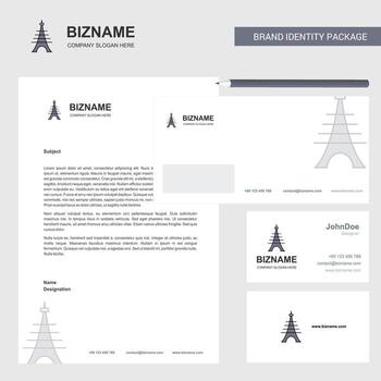 sobre de membrete comercial de la torre eiffel y plantilla de vector de diseño de tarjeta de visita