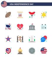 paquete plano de 16 símbolos del día de la independencia de estados unidos del mapa elementos de diseño de vector de día de estados unidos editable militar estrella de comida americana