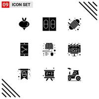 Modern Set of 9 Solid Glyphs Pictograph of ad distance learning equipment books mobile Editable Vector Design Elements