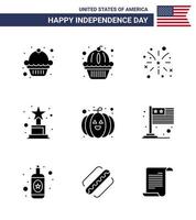 Group of 9 Solid Glyphs Set for Independence day of United States of America such as country pumpkin fire food award Editable USA Day Vector Design Elements