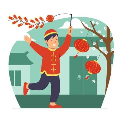 Chinese New Year Activity with Boy Playing Firecrackers