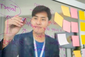 Young Creative businessman holding a marker and writing plan and share idea on glass wall with sticky note, Brainstorming and discussing and formulating, business strategies in tech startup office. photo