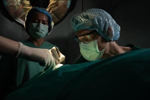 Asian Professional surgeons team performing surgery in the operating room, surgeon, Assistants, and Nurses Performing Surgery on a Patient, health care cancer and disease treatment concept photo