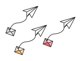 The graphic design of a paper airplane carrying a bound mailing envelope is suitable as a complementary illustration to the design vector