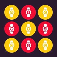 Smart watch icons, settings, charge, music, fitness app, voice recognition, message vector