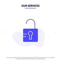 Our Services Unlock Study School Solid Glyph Icon Web card Template vector