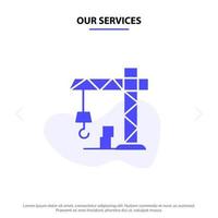 nuestros servicios arquitectura construcción grúa icono de glifo sólido plantilla de tarjeta web vector