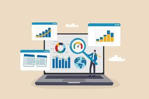 Market research data analysis, analyze business data or financial report, SEO analytics or profit and earning concept, businessman analyst with magnifying glass analyze data on computer laptop. vector
