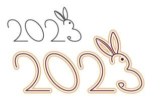 2023 with bunny line art. New years illustration with rabbit. Year of rabbit illustration. vector