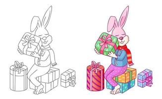 Bunny sitting on gift boxes holding green Christmas present. Christmas illustration with cheerful happy bunny. Pink rabbit with red scarf colorful and line art illustration vector