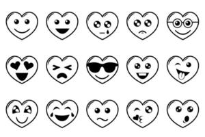 emoticono de corazones de arte lineal. corazones emocionales con línea delgada negra, aislados en fondo blanco. vector