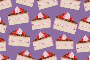 Seamless pattern with cakes on purple background. Cake with berry repeating pattern. vector