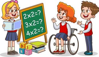 Happy kids learning math. Child person do math exercises calculating, writing on chalk board vector