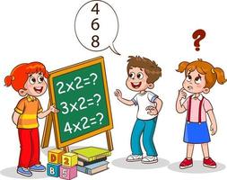 Happy kids learning math. Child person do math exercises calculating, writing on chalk board vector
