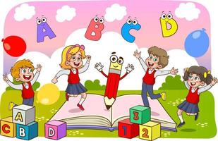 happy student kids dancing and jumping with letters and numbers. Education and knowledge concept vector