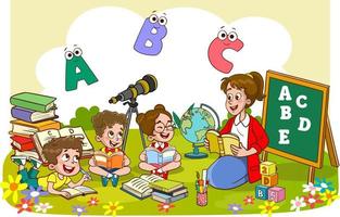 niños felices leen libros y estudian junto con el maestro vector