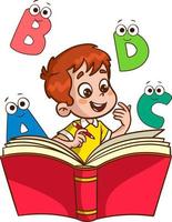 niño lindo feliz con libro y letras. niño lindo leyendo un libro ilustración vectorial. niños aprendiendo a leer y escribir vector