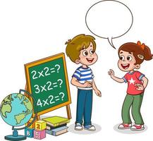 Happy kids learning math. Child person do math exercises calculating, writing on chalk board vector