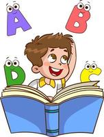 happy cute little kid with book and letters.cute little child reading a book vector illustration.children learning to read and write