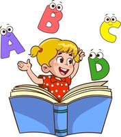 niño lindo feliz con libro y letras. niño lindo leyendo un libro ilustración vectorial. niños aprendiendo a leer y escribir vector