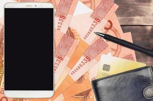 5 Belorussian rubles bills and smartphone with purse and credit card. E-payments or e-commerce concept. Online shopping and business with portable devices photo