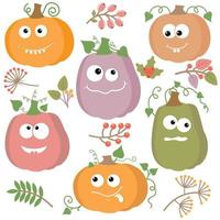 A set of kawaii pumpkins and autumn plants with berries, vector isolated cartoon-style illustration